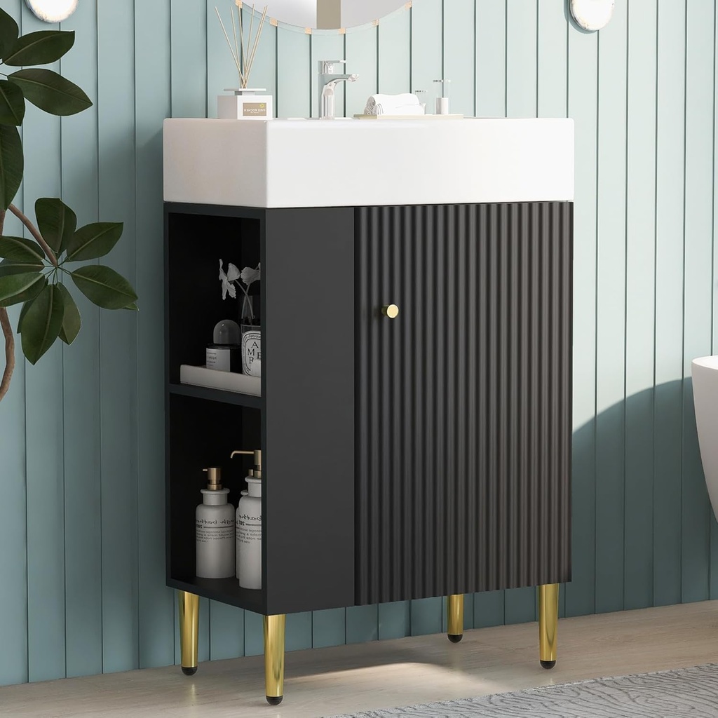 Small Bathroom Vanity with Single Ceramic Sink 21.6" Narrow Depth Bathroom Vanity Cabinet Combo Sink Vanity with Side Storage Easy Assmebly (Freestanding, Left Side Storage, Black)