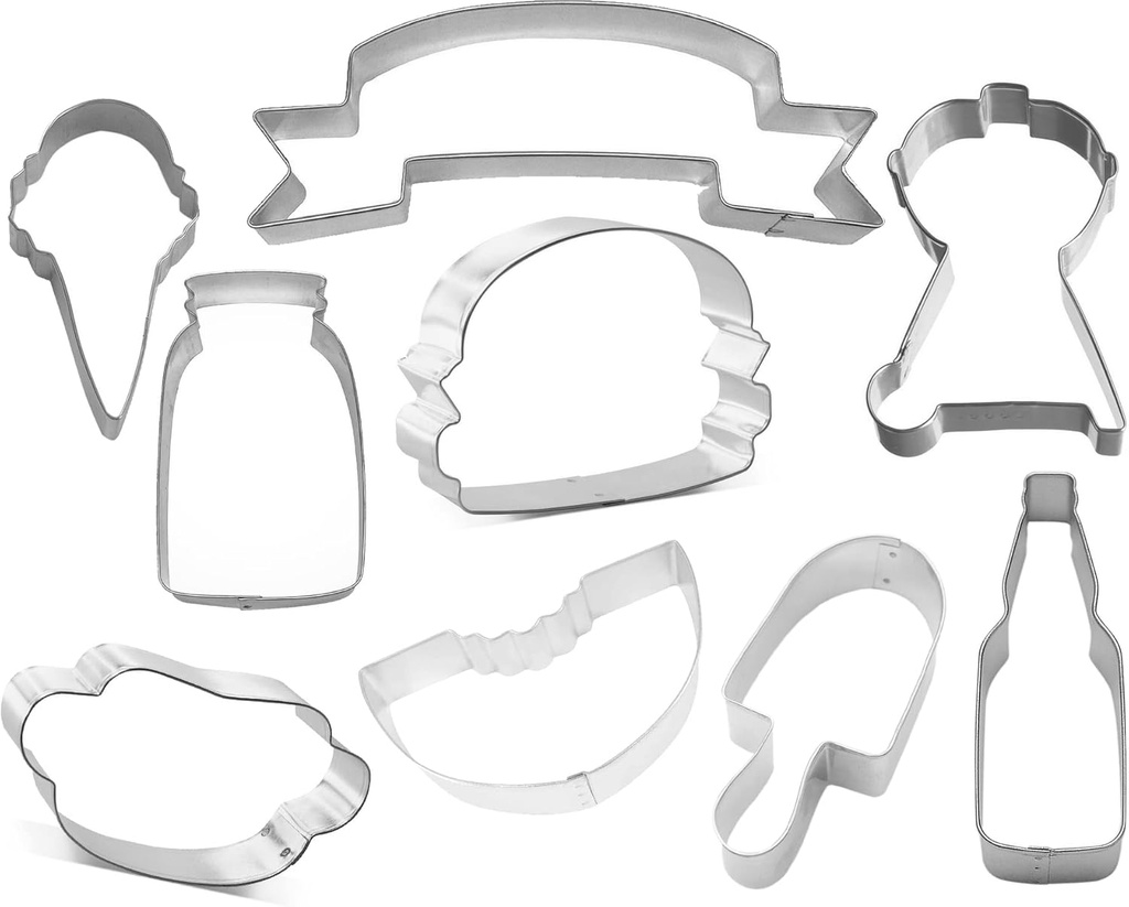 BBQ Grill Cookout Party Cookie Cutter 9 Piece Set from The Cookie Cutter Shop - BBQ Grill, Hamburger, Hot Dog, Mason Jar, Watermelon Cookie Cutters – Tin Plated Steel Cookie Cutters