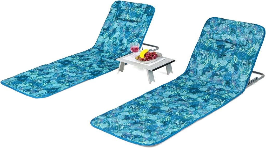 Giantex Beach Chairs with Side Table - 2 Pack Folding Lounge Chairs for Adults, 5 Position Adjustable Lawn Chair for Outdoor Sunbathing, Patio Chaise Lounge Lightweight Backpack Camping Chairs (Teal)