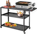LERIKA 49 Inch Outdoor Grill Table, Large Metal Portable Folding Grill Cart on Wheels for Garden Patio BBQ Kitchen Food Prep, Black