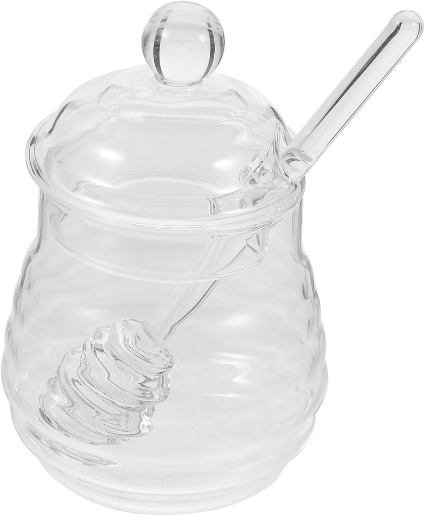 iplusmile Clear Honey Pot Set with Spiral Dipper and Glass Lid High Borosilicate Glass Jar Dispenser for Home Kitchen Use