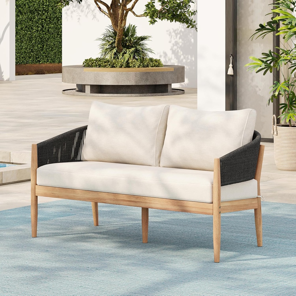 Christopher Knight Home Katarina Patio Acacia Wood Loveseat Furniture, Outdoor Loveseat Sofa with Comfy Fabric Cushions, 2-Seater Sofa with Handwoven Rope Backrest for Garden/Backyard, Black+Beige
