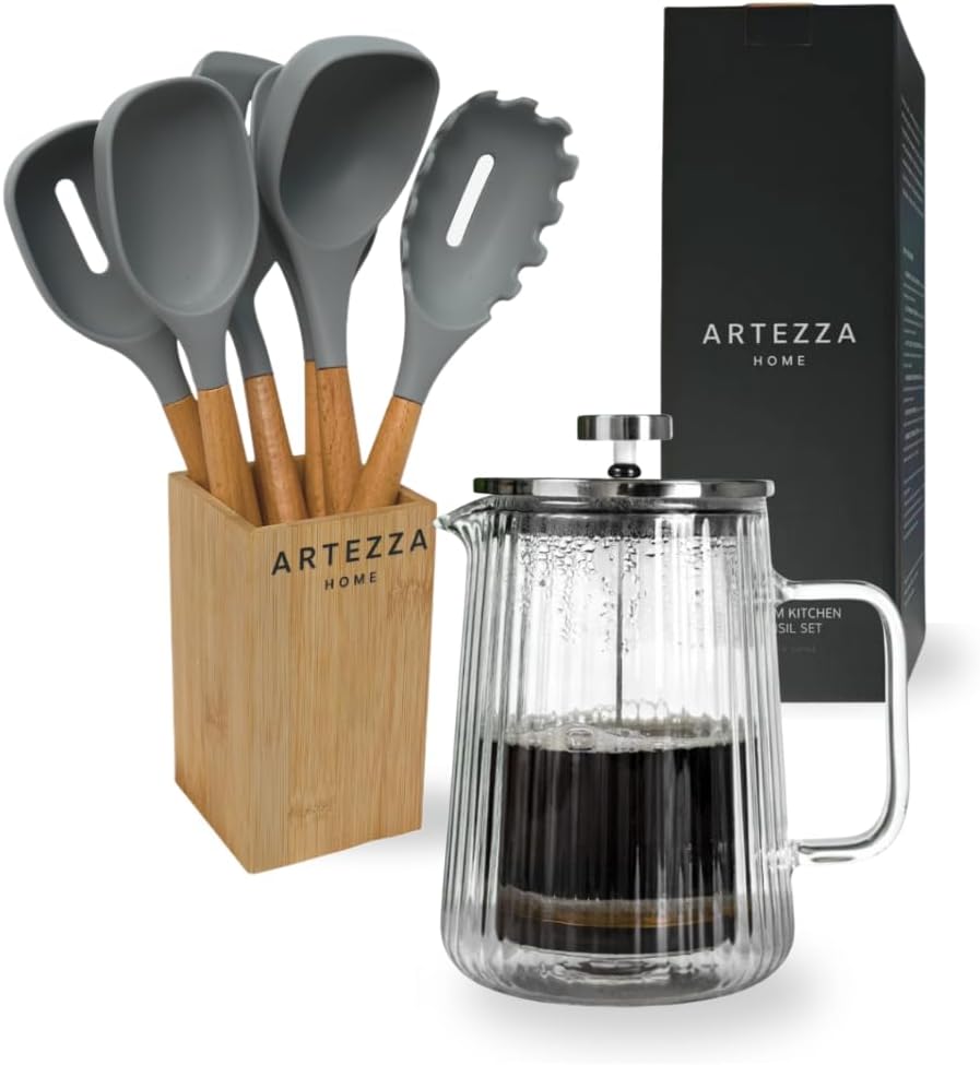 French Press Coffee Maker 650ml/22oz & 7-Piece Grey Silicone Utensil Set with Bamboo Holder – An Exquisite Culinary Ensemble for Coffee Enthusiasts and Culinary Artisans