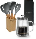 French Press Coffee Maker 650ml/22oz & 7-Piece Grey Silicone Utensil Set with Bamboo Holder – An Exquisite Culinary Ensemble for Coffee Enthusiasts and Culinary Artisans