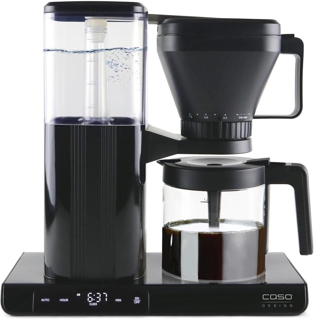 Caso Gourmet Gold Cup Drip Coffee Maker with Programmable Timer, 8 Cup Glass Carafe, and Single Cup Mode for Kitchen, Office, or Dorm Room in Black