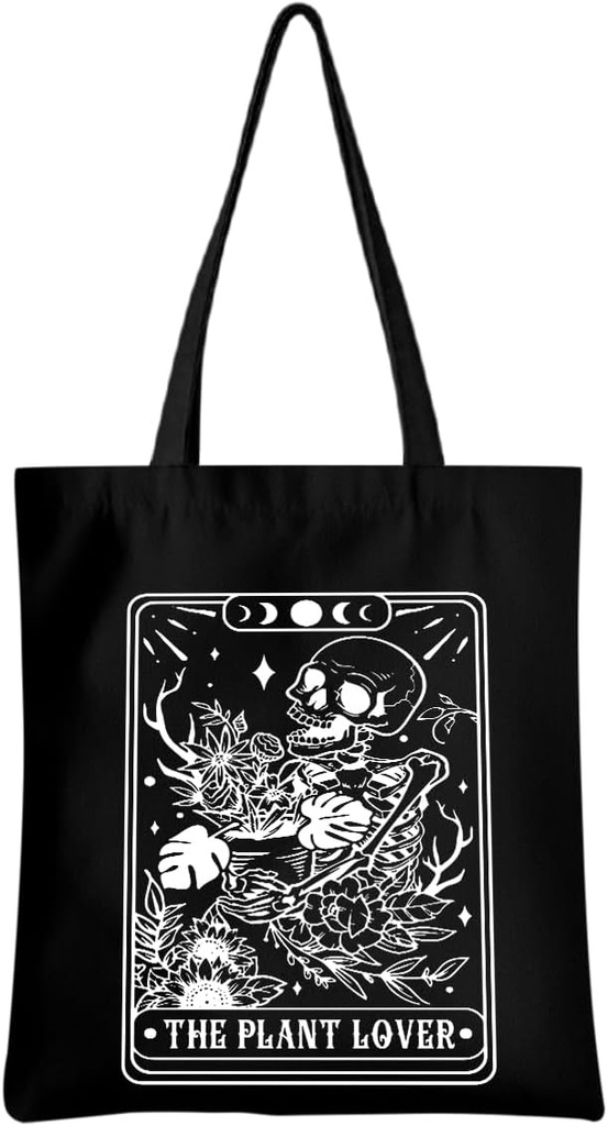 Tarot Gothic Skull Tote Bag - Funny Gifts for Goths, Skeleton Reusable Grocery Bag, Witchy Halloween Weekender Bag