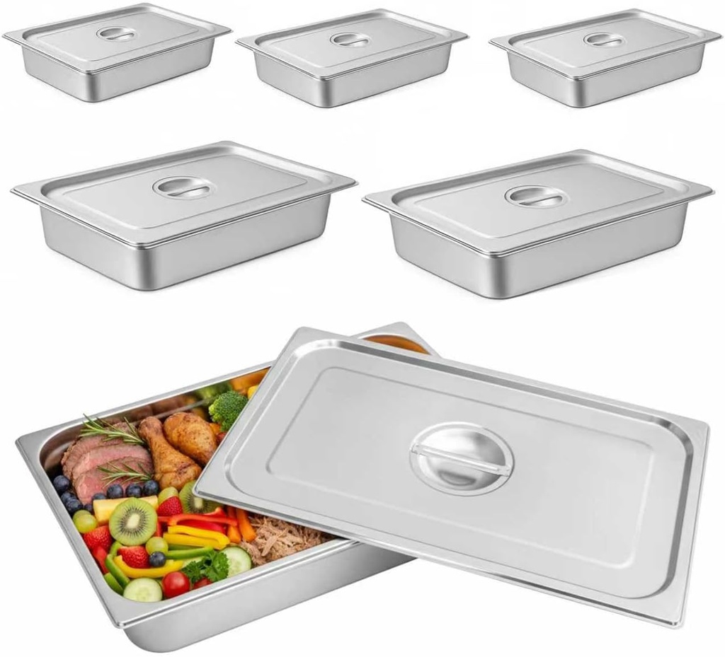 Hotel Pans Deep Steam Table Full Size Pan Set, Steam Table Pans with Lids, Stainless Steel Commercial Food Storage Containers Stackable Metal Steamer Pan(4" Deep 6 Pack, 1/1 Size)