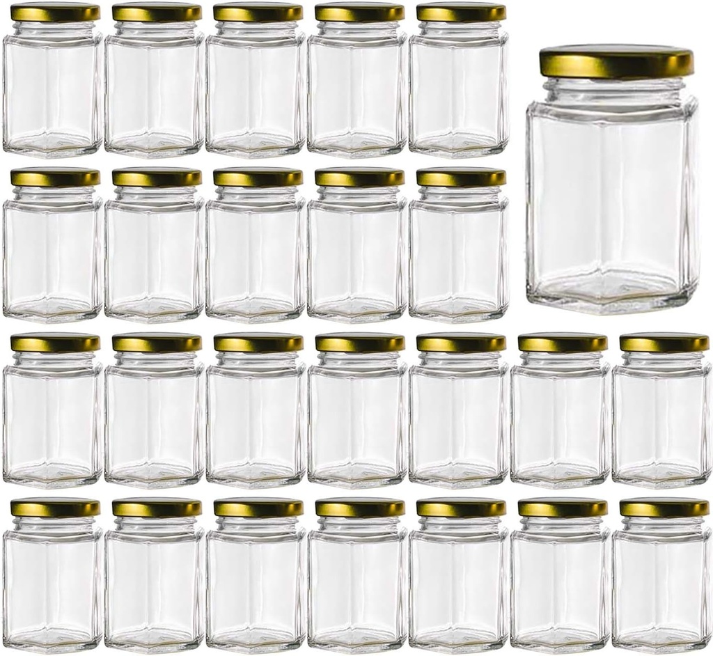 4 oz Glass Jars With Lids,25 Pack Honey Jars for Sealing,Mason Jar for Food Storage, Overnight Oats, Dry Food, Snacks, Candies, DIY Projects (Gold Lids)