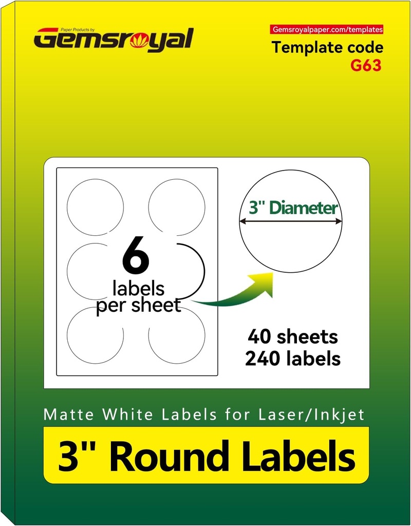 3 inch Circle Labels Printable,Matte White Round Labels for Printer,3" Large Printable Stickers,3" Blank Round Sticker Paper,40 Sheets,240 Circle Stickers,World Class Materials