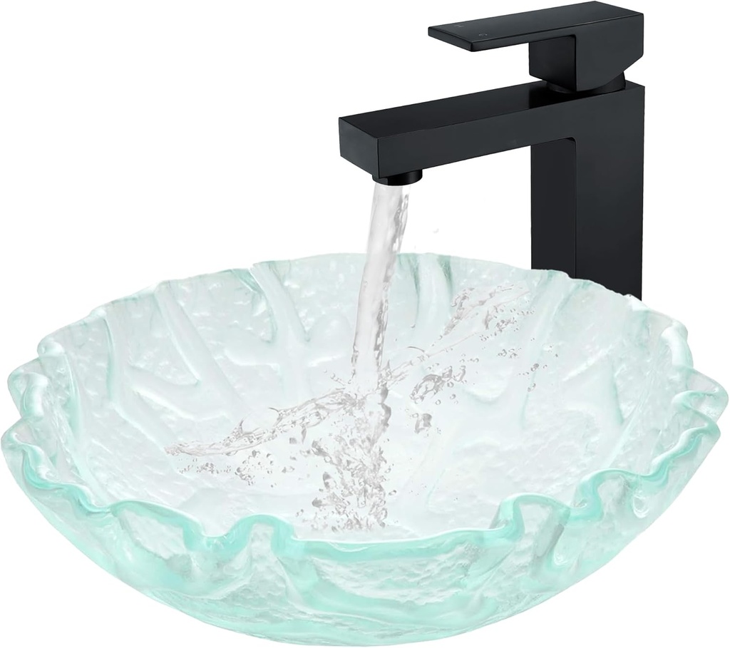Eden Bath Clear Free-Form Wave Rim Round Glass Sink Bowl Bathroom Vessel Sink for Vanity Top