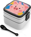 Bento Box Stackable Lunch Box with 2 Compartments Leak-Proof Food Storage Containers Cute Animal Bento Lunch Box for Adults Lunch Containers with Utensil Set