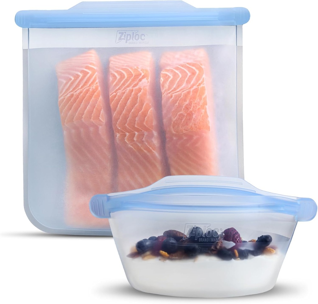 Ziploc Endurables Large Pouch and Medium Container, Reusable Silicone Bags and Food Storage Meal Prep Containers for Freezer, Oven, and Microwave, Dishwasher Safe