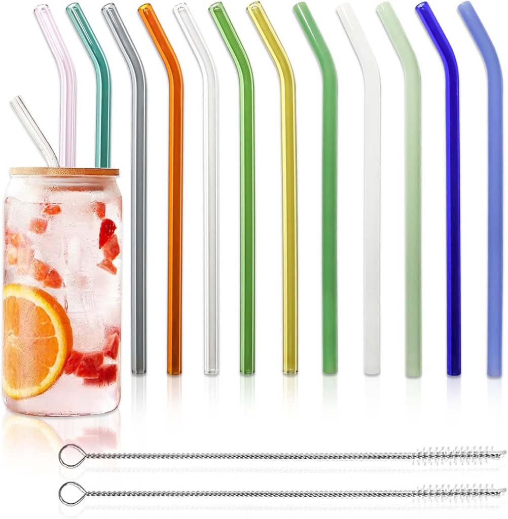 12 Pack Reusable Glass Straws - 8" x 8 MM, Bent Glass Drinking Straws with 2 Cleaning Brushes, Reusable Straws for Smoothies, Milkshake, Frozen Drinks, Tea, Juice