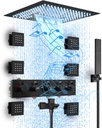 Black Thermostatic Shower System, Ceiling Shower Jets System In Wall, 16" Full Body Waterfall Rainfall Shower System with Body Jets, LED Light & Music