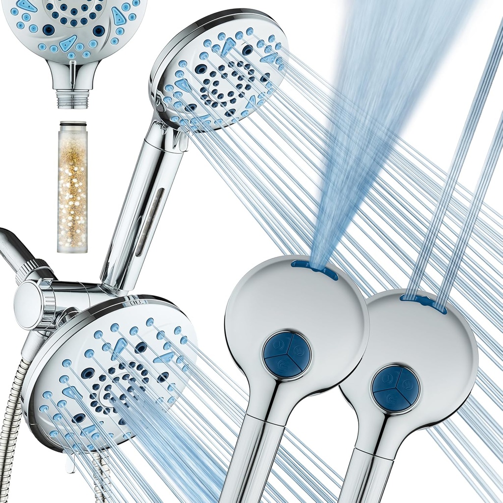 AquaCare High Pressure 6-way Dual Shower Head Combo with Built-in Filter & Power Wash - Clean Tub, Tile & Pets. Remove Chlorine, Lead & Toxins from Water to Protect Skin, Hair, & Nails. Chrome Finish