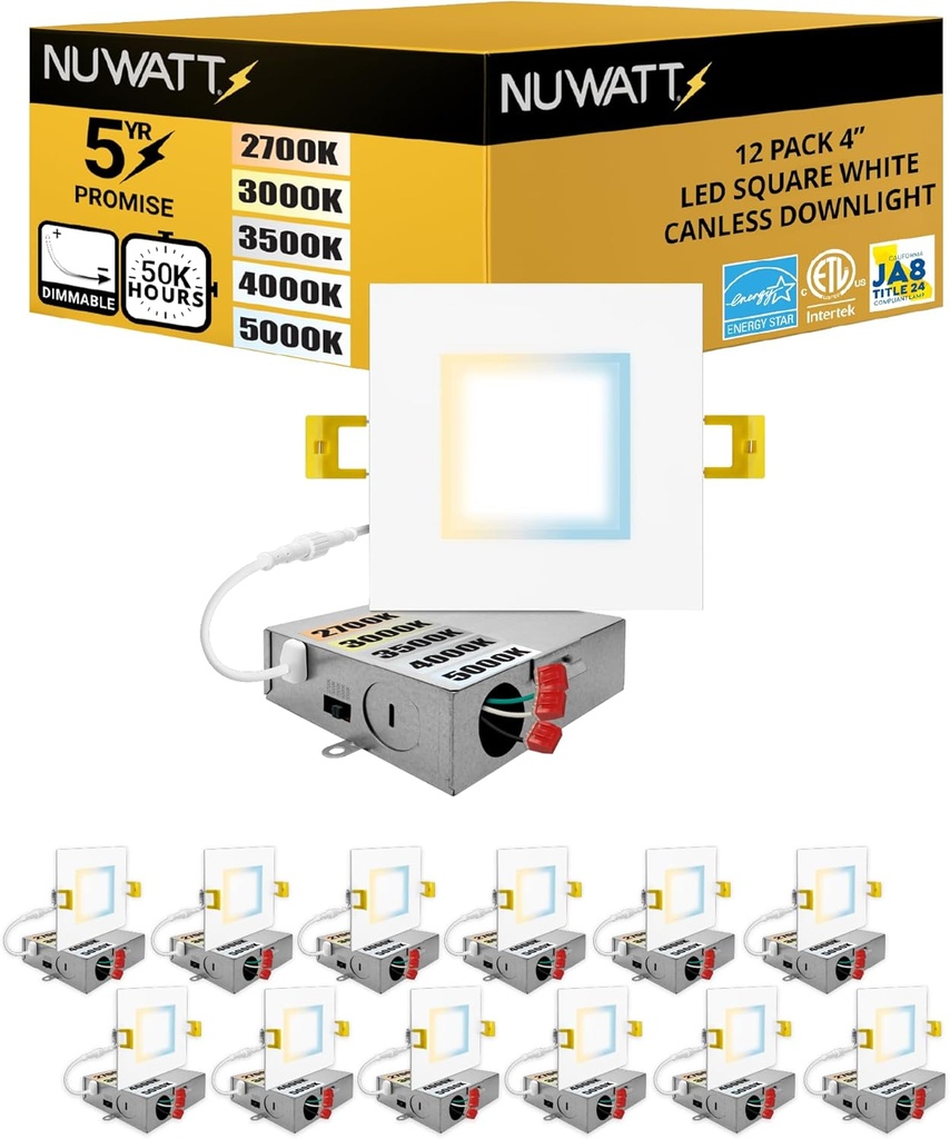 NUWATT 12 Pack 4 Inch LED Square Recessed Lighting, 5CCT Selectable 2700K/3000K/3500K/4000K/5000K, 630 Lumens Dimmable, IC Rated, 4in Square Wafer Lights, Canless LED Downlight, Diecast Aluminum J-Box