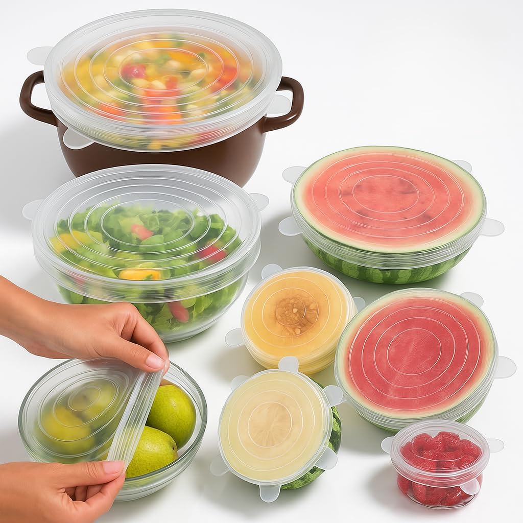 Reusable Silicone Food Covers – 12-Pack Round & Rectangular Lids | BPA-Free, Eco-Friendly, Airtight Seal for Bowls, Containers & Fruits | Microwave & Dishwasher Safe