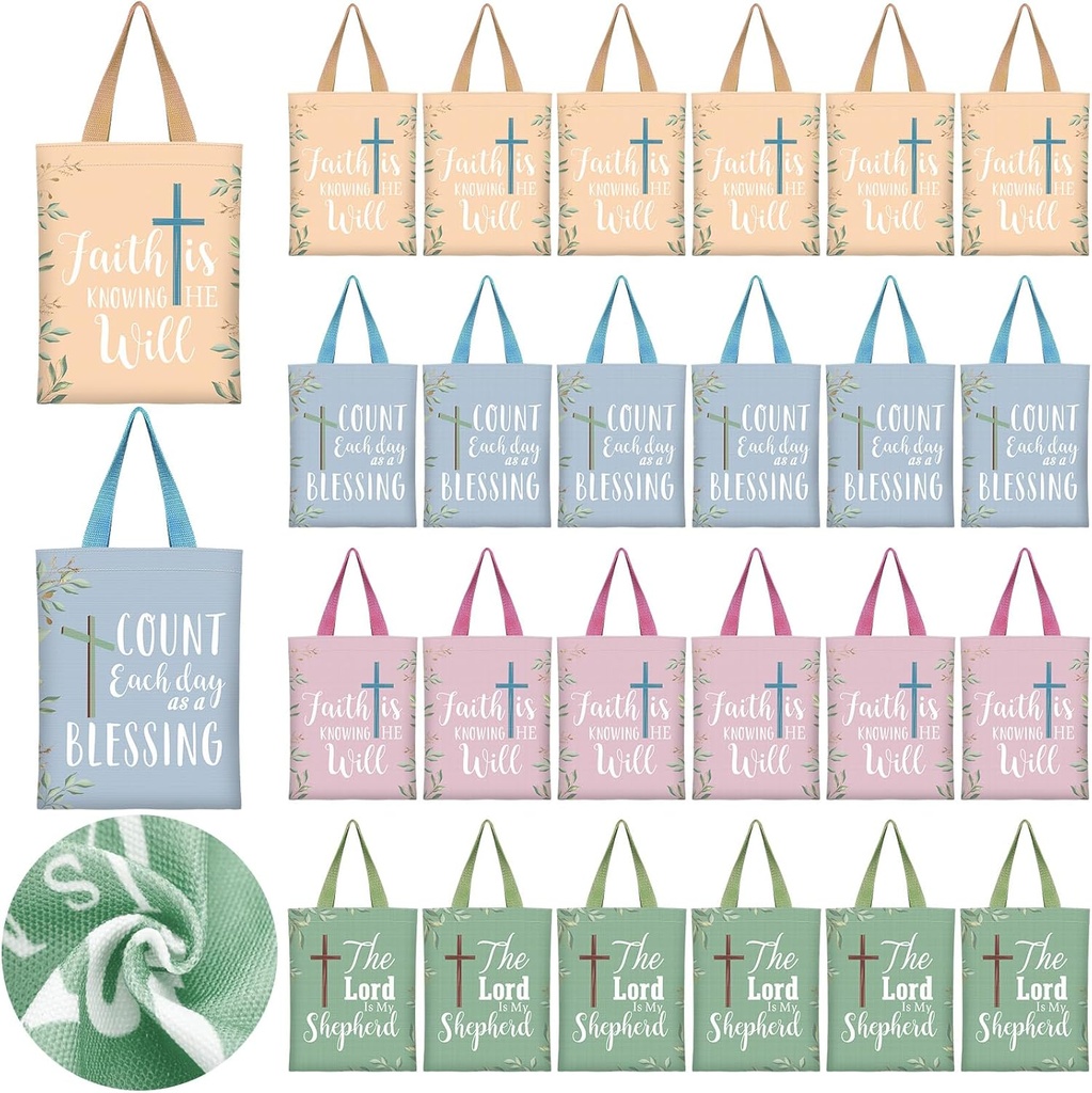 24 Pcs Christian Gift Bible Tote Bags for Women Religious Gift Small Bags Bulk 4 Colors Floral Christian Canvas Tote Religious Reusable Bible Verse Book