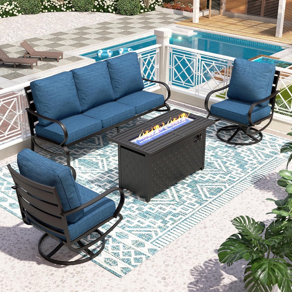 PHI VILLA 4 Piece Patio Furniture with FirePit Table, Metal Outdoor Furniture Set with 3-Seat Wide Deep Seating Bench & 2 x Swivel Sofa Chairs,Outdoor Conversation Set for 5, Peacock Blue