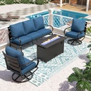 PHI VILLA 4 Piece Patio Furniture with FirePit Table, Metal Outdoor Furniture Set with 3-Seat Wide Deep Seating Bench & 2 x Swivel Sofa Chairs,Outdoor Conversation Set for 5, Peacock Blue