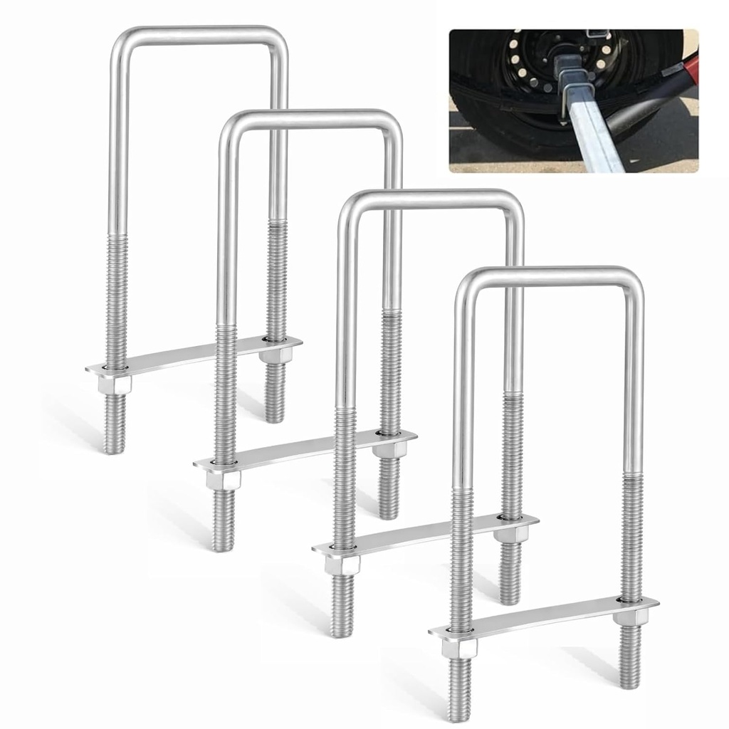 Anina 4PCS Square U Bolts with Frame Plates and Nuts 3/8'' X 3'' X 7'' Stainless Steel U Clamp Bolts for Automobiles Trailer, Ski Boat, Tube, Sailboat Trailer