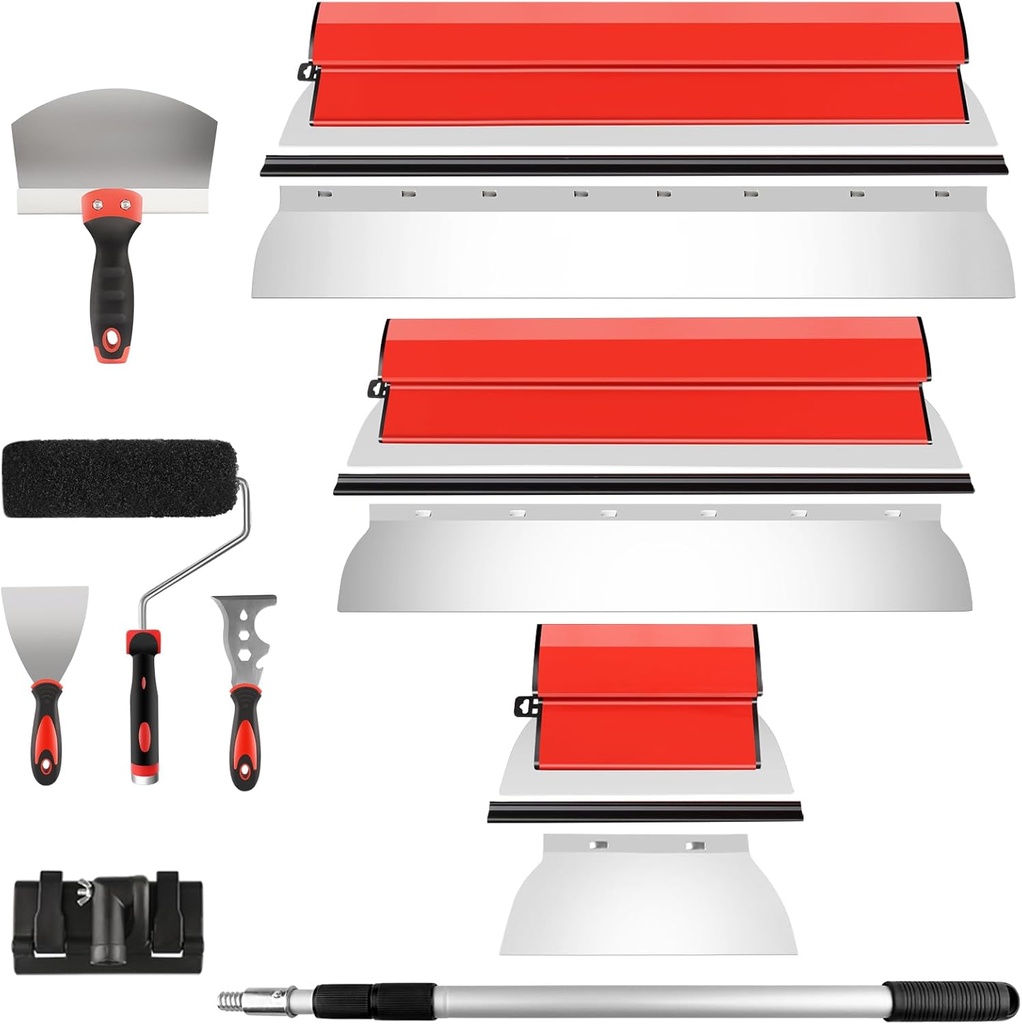 DEKEones Drywall Skimming Tools Set with 10”24”32” Skimming Blades, a Paint Roller, a Extension Pole and 3 Kinds of Putty Knife Tools for Smoothing Wall and Ceiling