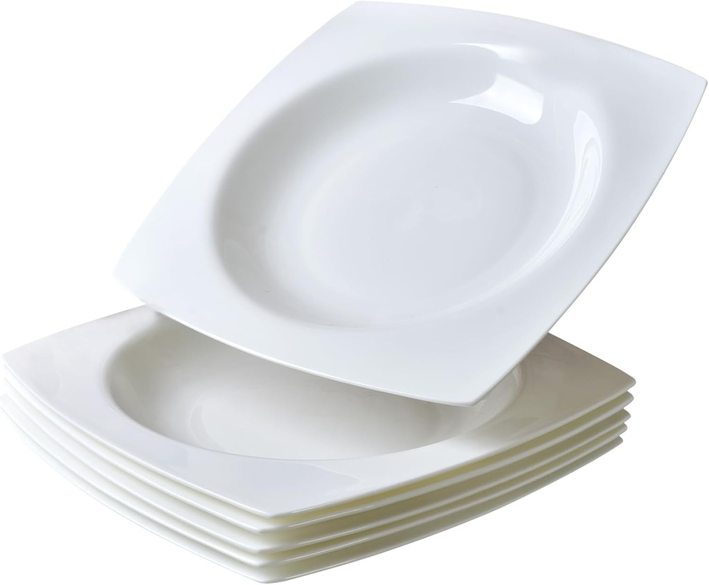 Fine Bone China Square Salad Plates Set of 6-9.25 Inch White Ceramic Stackable Dinner Plates, Oven & Dishwasher Safe for Formal/Casual Dining