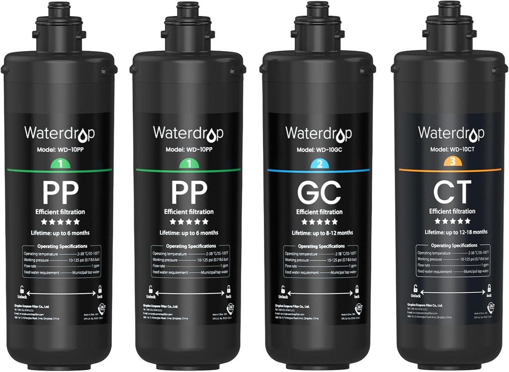 Waterdrop TSA 3-Stage Replacement Water Filter, 𝟏 𝐘𝐞𝐚𝐫 𝐂𝐨𝐦𝐩𝐨 𝐏𝐚𝐜𝐤, Replacement for Waterdrop TSA & TSB 3-stage Under Sink Water Filtration System, 2PP+GC+CT