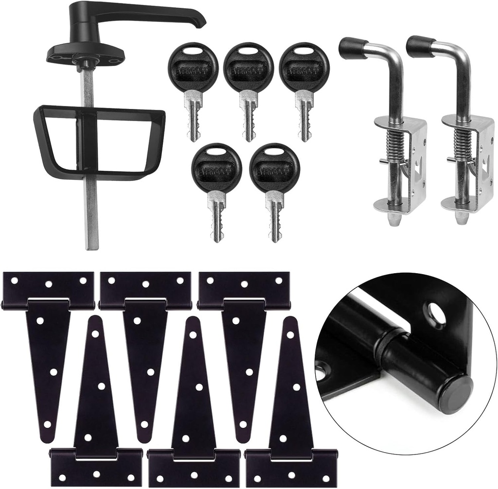 5-Key Double Door Shed Hardware Kit - Complete with Hinges, Latches, and L-Handle Lock - Includes Window and Door/Window Hinge Set, for Gates, playrooms