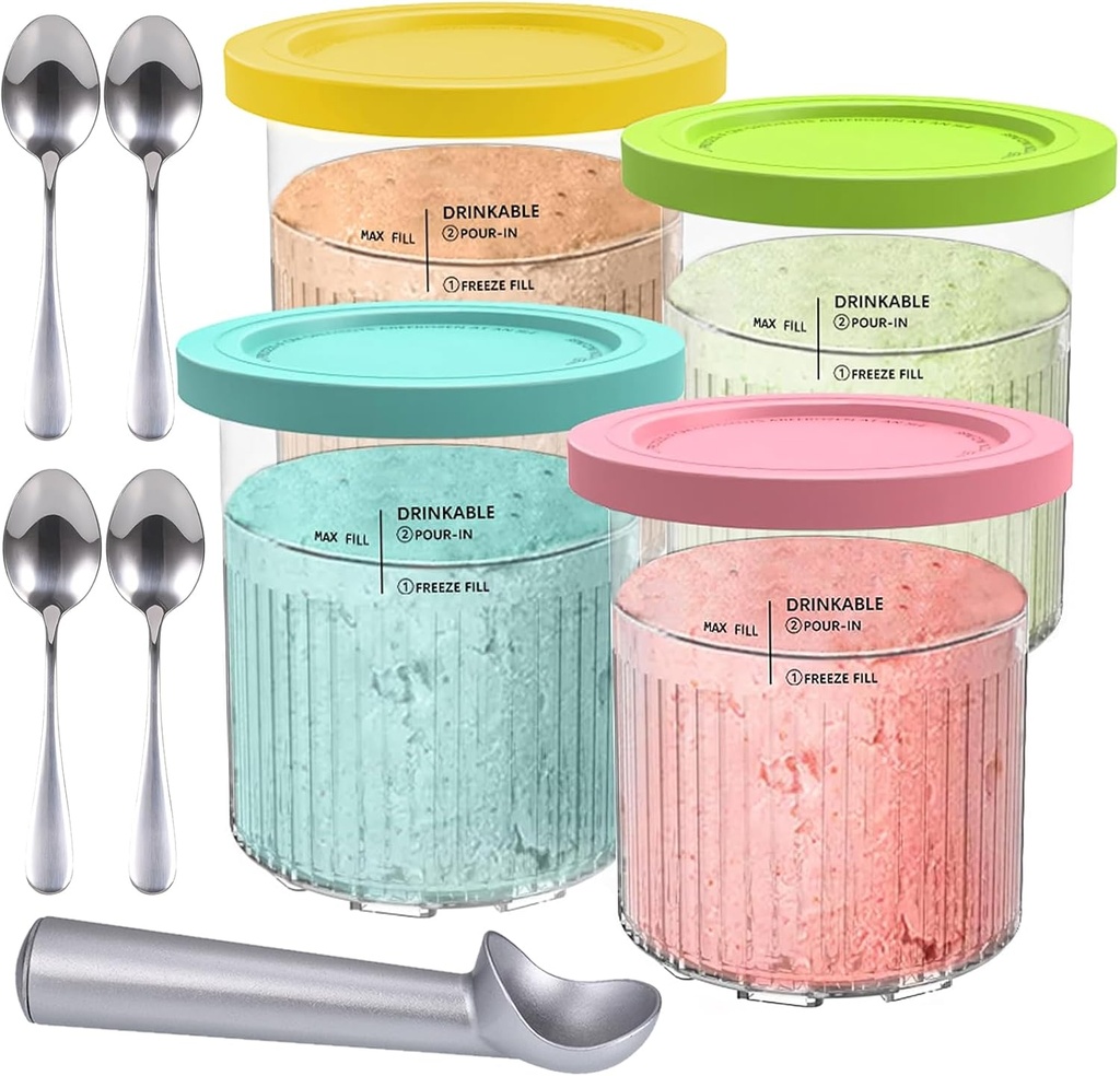 Creami Deluxe Pint Containers Replacement for Ninja Creami Pints and Lids - 4 Pack 24oz Creamy Icecream Cups Compatible with Ninja NC500 & NC501 Series Deluxe 11-in-1 Ice Cream Maker, Dishwasher Safe