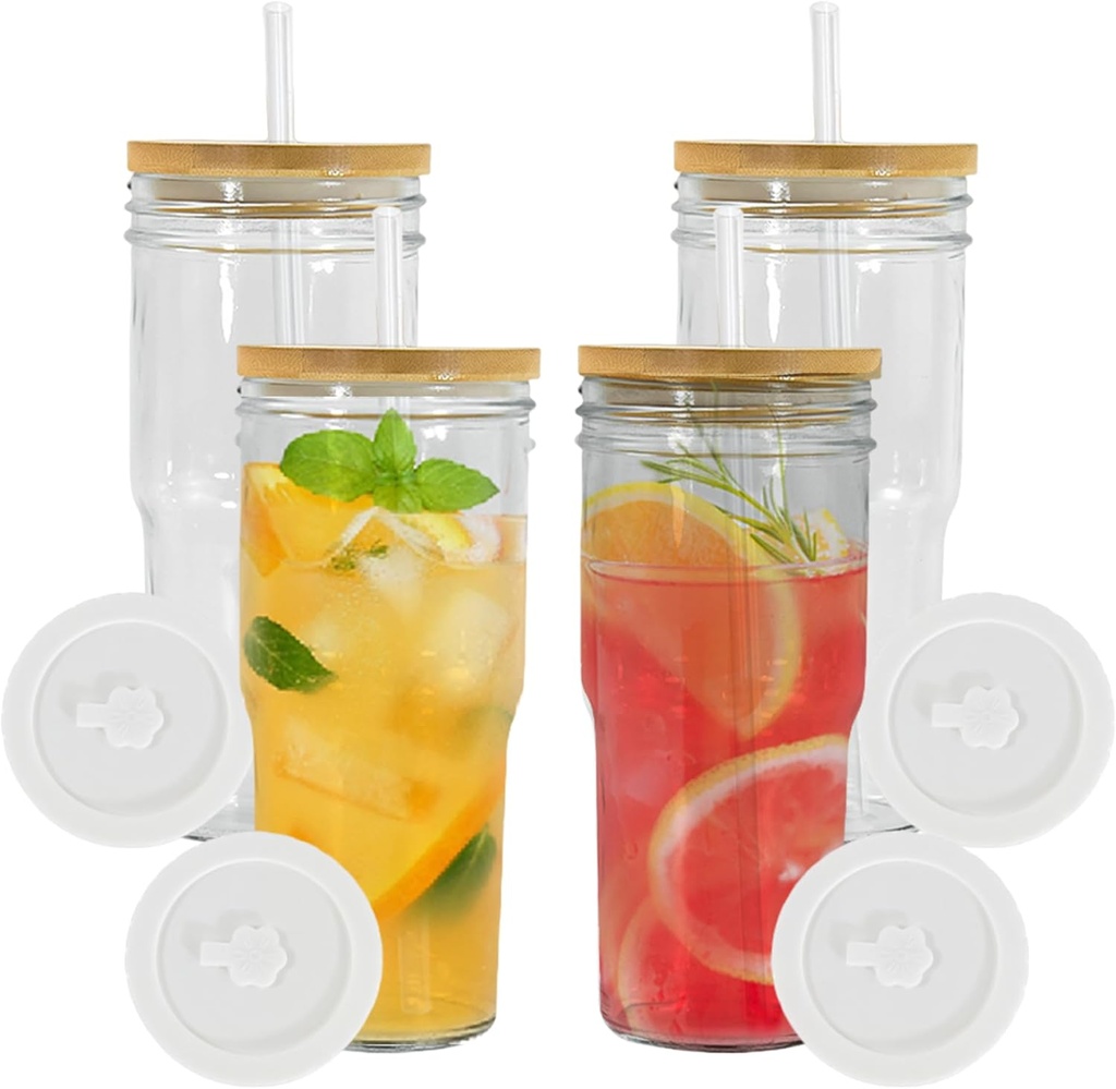 4pcs 24oz Glass Cups with Bamboo Lids and Straws,Wide Mouth Reusable Drinking Glasses,Mason Jar Cups,Glass Tumbler Coffee Beer Can Cups Boba Cup for Bubble Tea, Juice