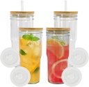 4pcs 24oz Glass Cups with Bamboo Lids and Straws,Wide Mouth Reusable Drinking Glasses,Mason Jar Cups,Glass Tumbler Coffee Beer Can Cups Boba Cup for Bubble Tea, Juice