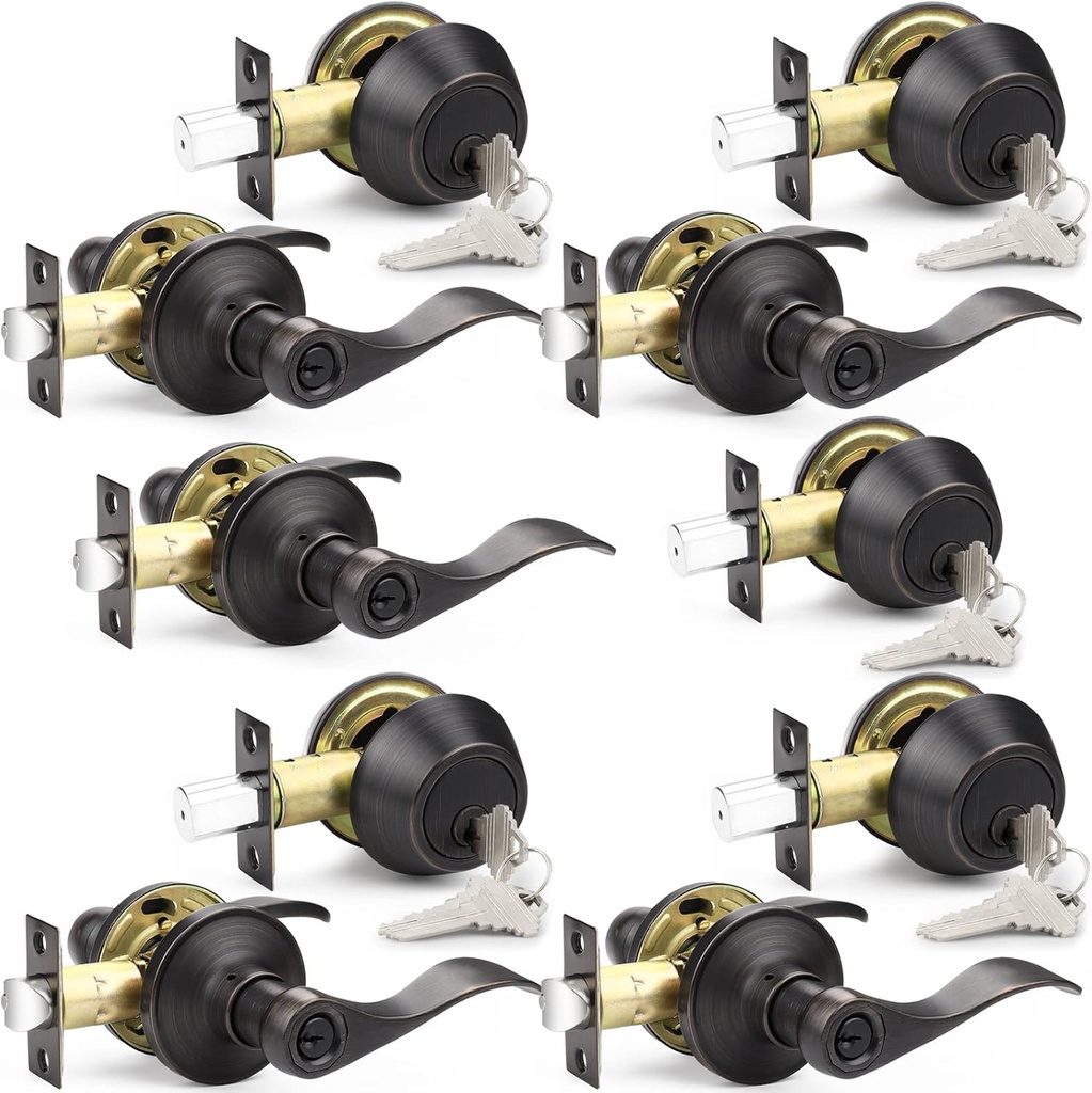 Probrico Front Door Handle with Double Cylinder Deadbolt Set, Oil Rubbed Bronze Exterior Door Entry Handlesets with Lock and Key, Reversible Door Handleset, Combo Keyed Alike, 5Pack