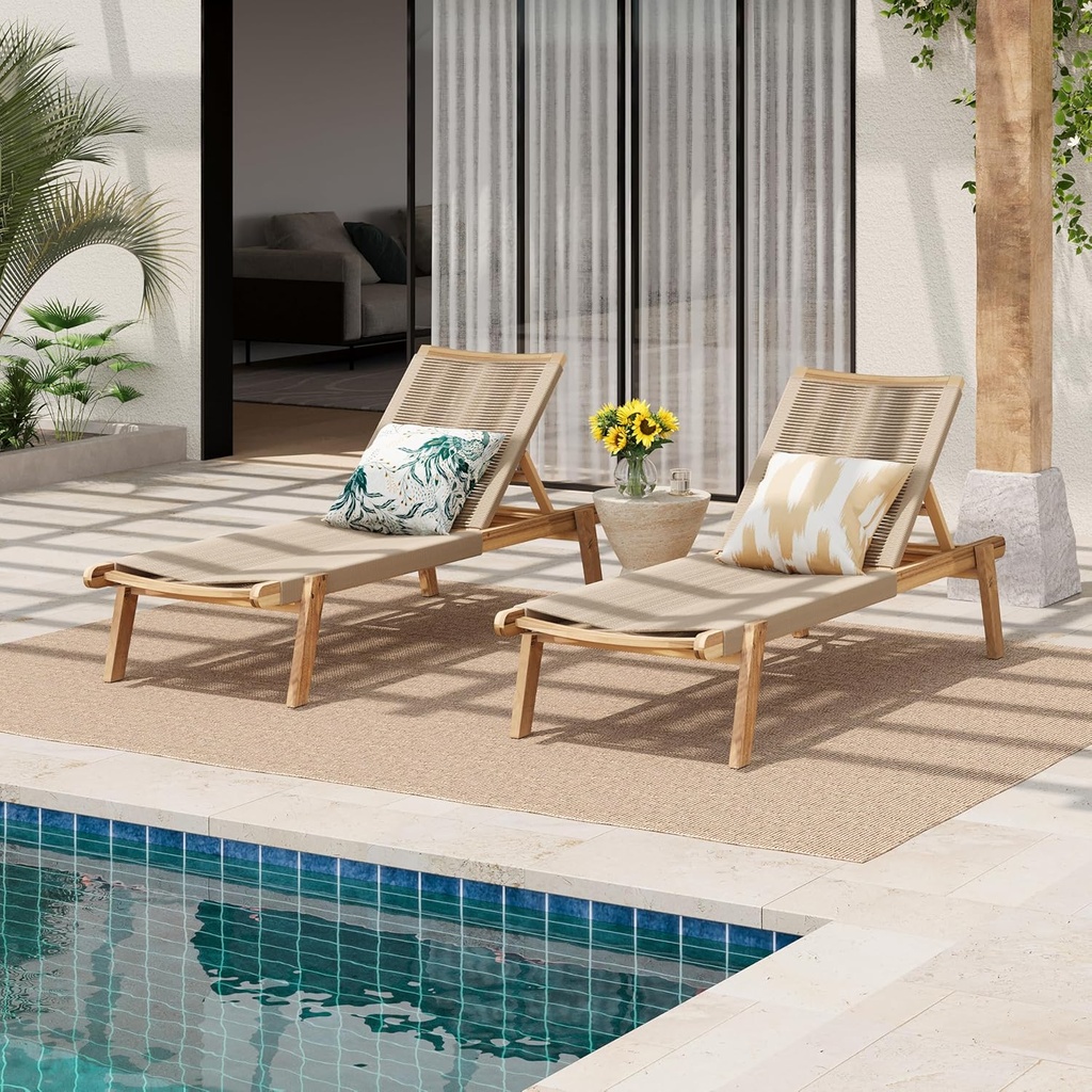 Christopher Knight Home Set of 2 Outdoor Patio Wood Adjustable Chaise Lounges with Rope Seating, Rope Chaise Lounge with Acacia Wood Frame, Chaise Lounge for Poolside, Balcony, Yard, Teak+Beige