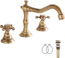 GGStudy 8 inch 2 Handles 3 Holes Widespread Bathroom Sink Faucet Antique Brass Basin Mixer Tap Faucet Matching Metal Pop Up Drain with Overflow