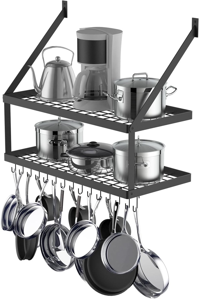 Hoooh Square Grid Wall Mount Pot Rack with 2-Tier 15 Hooks, Kitchen Cookware Hanging Organizer Storage Shelf, 29.5 by 13.7-inch Black, KPR300B-BK