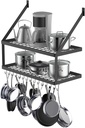 Hoooh Square Grid Wall Mount Pot Rack with 2-Tier 15 Hooks, Kitchen Cookware Hanging Organizer Storage Shelf, 29.5 by 13.7-inch Black, KPR300B-BK