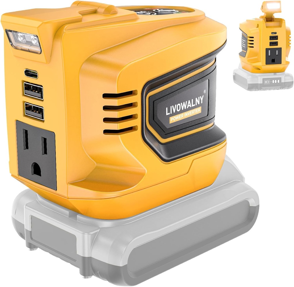 Real 200W Power Inverter Compatible With Dewalt, DC 20V to AC 110-120V Battery Inverter, LIVOWALNY Portable Power Station Generator, Charger Adapter Battery Powered with 2 USB & 1 Type-C & 1 AC Outlet