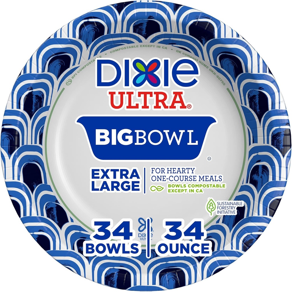 Dixie Ultra Extra Large Paper Bowls, 34 oz, 34 Count, Compostable, Microwave Safe, Disposable Bowls for Heavy Meals, Soups, Stews, and Everyday Use