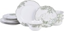 222 Fifth 12-Piece Porcelain Dinnerware Set for 4, Elegant Floral Plates and Bowls Sets-White/Green Ceramic Dishes, Chip Resistant Kitchen & Dining Dish Set, Microwave & Dishwasher Safe, Hudson Valley