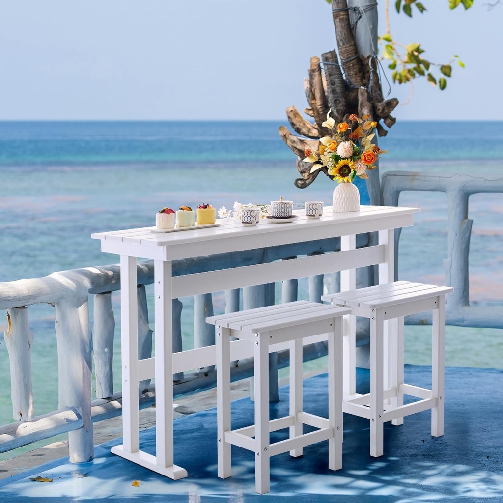 3 Piece HDPE Outdoor Bar Height Table and Chairs Set of 2 Includes High Top Patio Table and Chairs, Outside Patio Bar Set for Bistro,Balcony,Backyard,Poolside (White, 3 Piece)