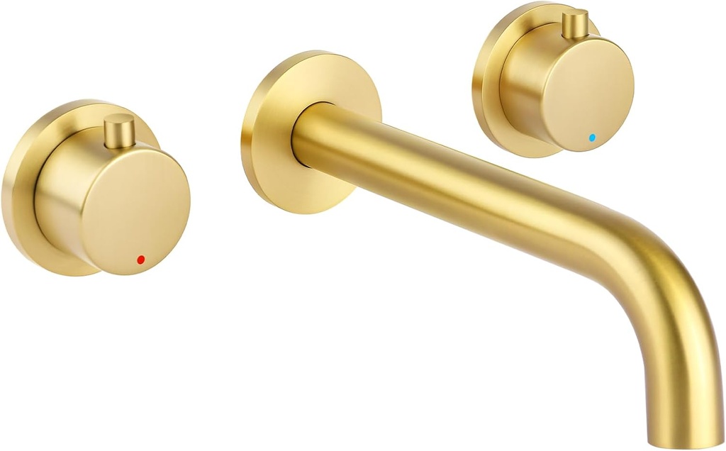 Wall Mount Bathroom Faucet, Gold Wall Mounted Bathroom Sink Faucets, Double Handle 3 Hole, Lavatory Basin Sink Mixing Faucet with Rough in Valve