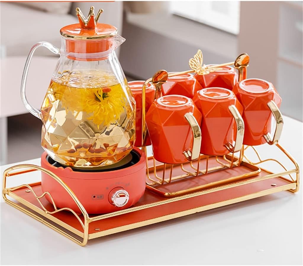 Nordic Water Cup Set Ceramic Water Set Cup Hospitality Home Set Living Room Glass Kettle with Hot Base (Color : A, Size : 6-Cup kit)