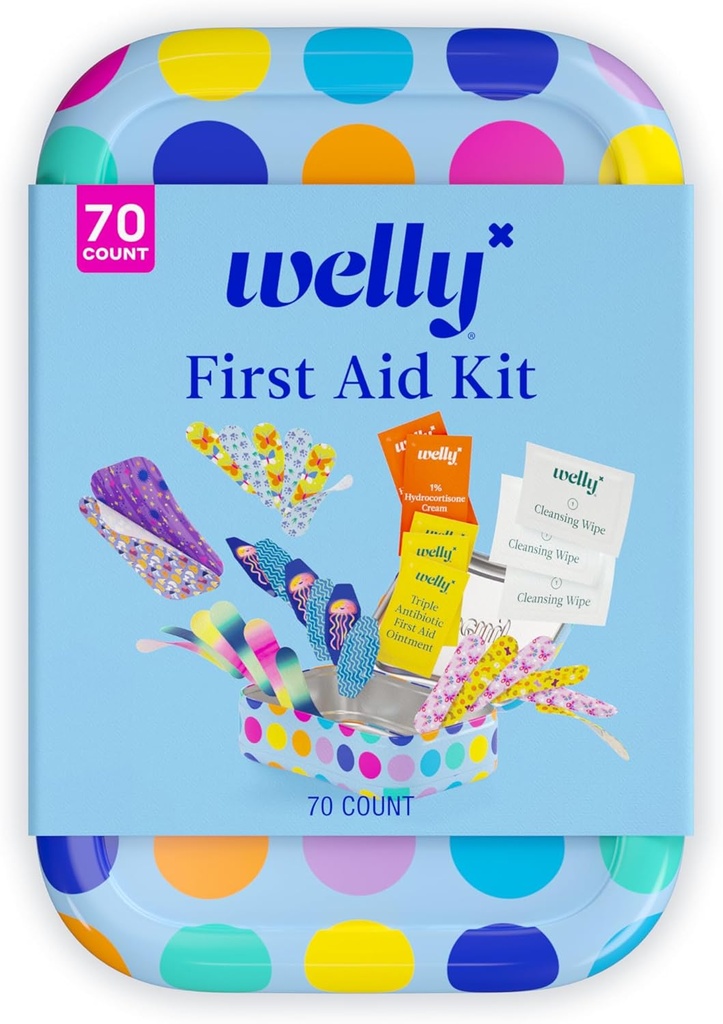 Welly First Aid Kit - Adhesive Bandages in Flexible Fabric and Waterproof, Singe Use Ointments (Triple Antibiotic, Cleansing Wipes and Hydrocortisone) - 70 Count