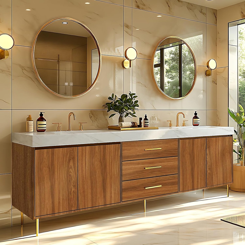 Bathroom Vanity - Retro Bathroom Vanity with Double Sinks Includes Symmetrical Cabinet & Round Mirror|Log Style,Exquisite Handle,LED Smart Defog Mirror(84IN)