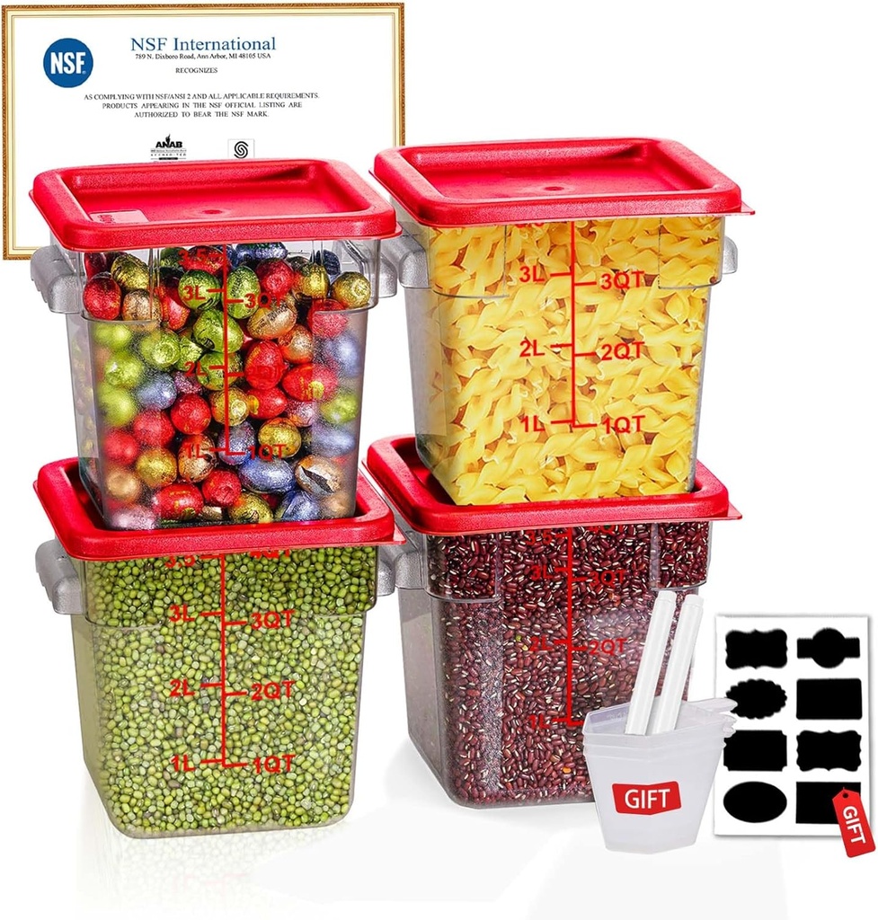 4QT NSF Food Storage Containers with Lids: 4 PCS [Total Food Grade][Hot&Cold Resistant] Commercial Clear Food Storage Containers for Restaurant Kitchen Proof Dough, Measuring Spoons Included(Red)