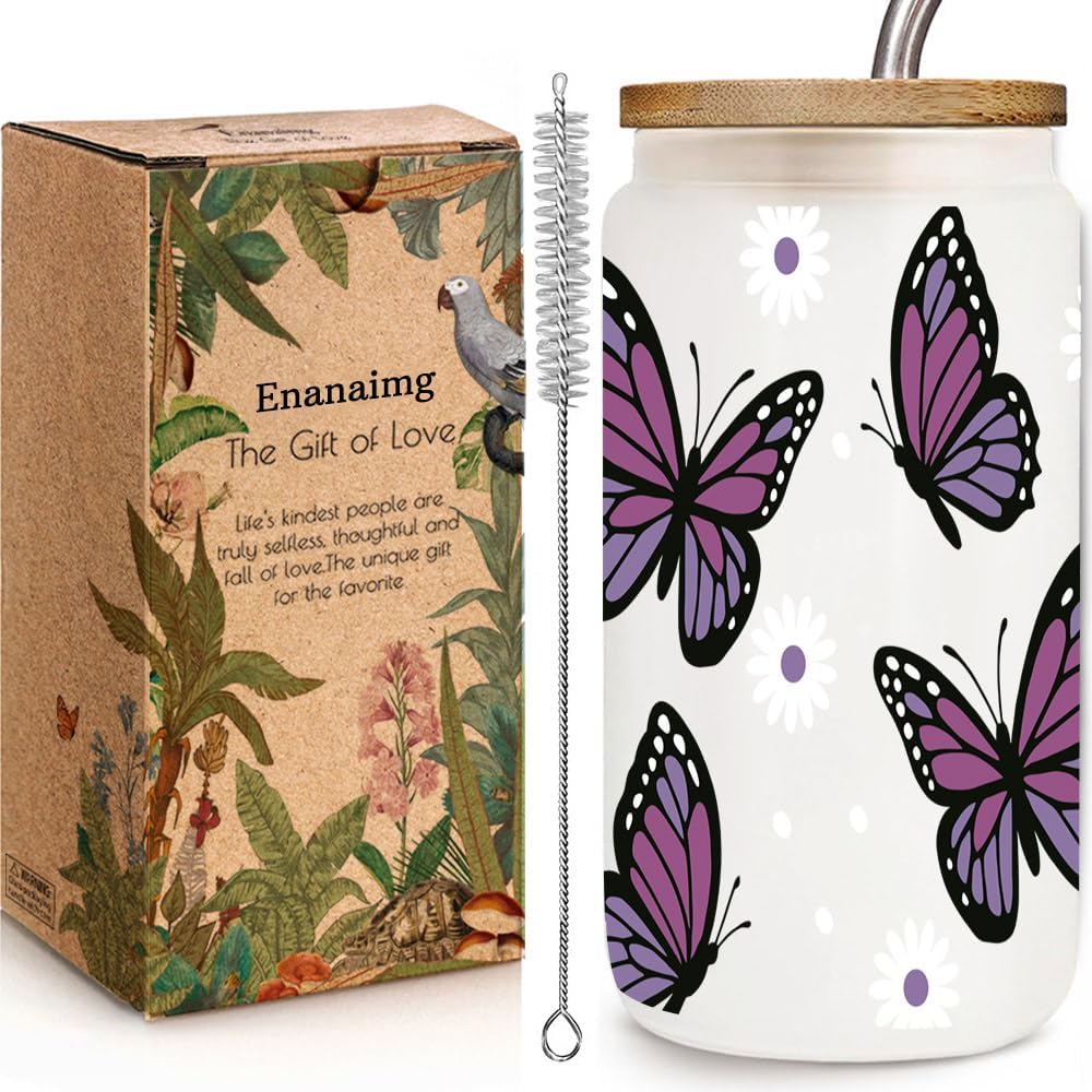 Christian Art Botanic Purple Butterfly Floral Iced Coffee Glass Beer Can Gifts for Women Mom Her, 16oz Glass Tumbler Cups with Lids and Straws Gifts for Girls Daughter Friend Christmas Birthday