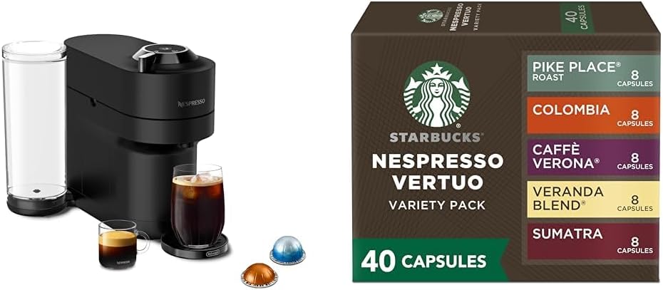 Nespresso Vertuo Pop+ Limited Edition Coffee and Espresso Maker by De'Longhi, Black Matte with Dark Chrome + Starbucks Capsules, Vertuo Line