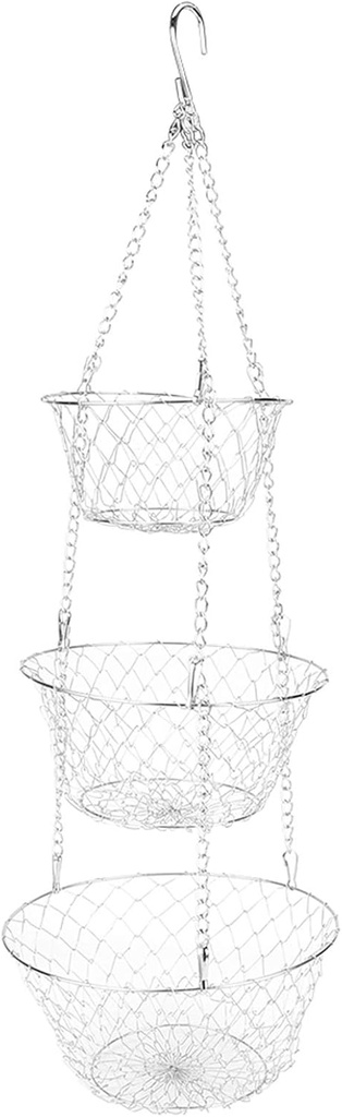 3 Tier Hanging Basket, Fruit and Vegetable Basket, Flower Basket Basket with Sturdy Metal Chain Hanging Hooks, Heavy Duty Wire Iron Hanging Baskets for Kitchen Storage