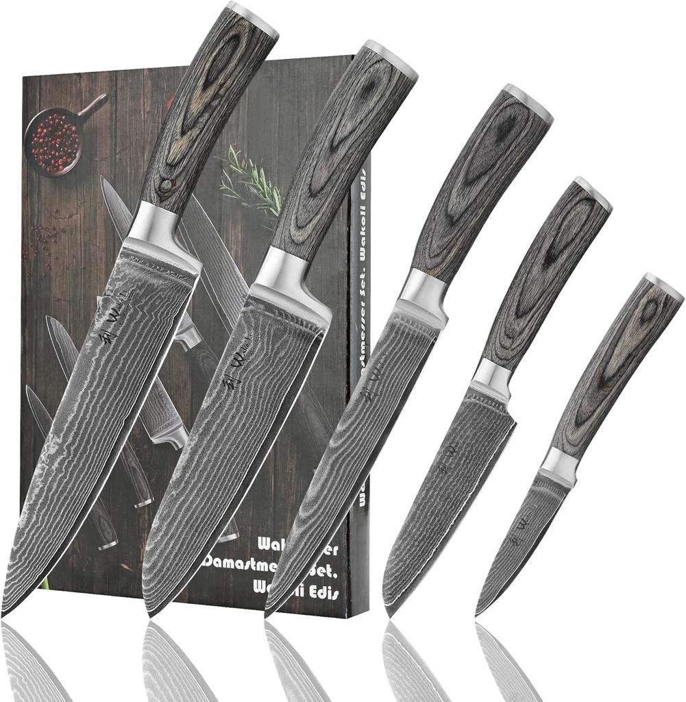 Wakoli EDIS Damascus 5-Piece Knife Set – Japanese Style Kitchen Knives | Genuine Damascus Steel Blades with VG10 Core | Ergonomic Micarta Handles | Professional Chef Knife Set in Gift Box